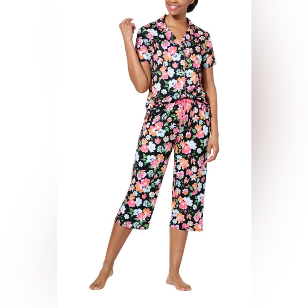 Comfort Code Women’s 2-piece Soft & Light Notched Collar PJ Set Black Floral XS